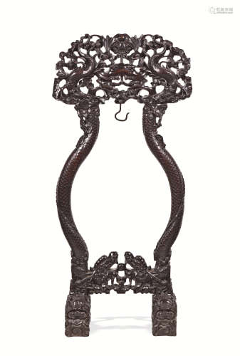 清中期  硬木雕双龙戏珠磬架
