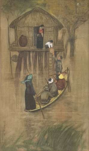 HUNG La maison sur l'eau, 1970 Aquarelle et gou...