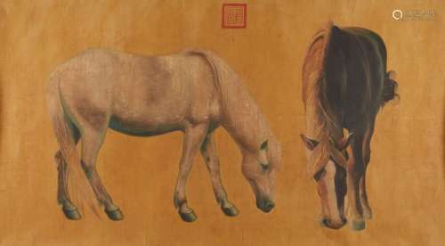 CHINEGrande peinture figurant deux chevaux. Cac...