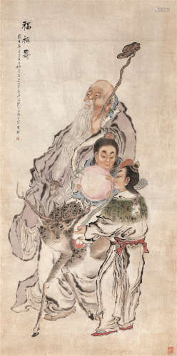 沈心海（1855～1941） 福禄寿 立轴 设色纸本