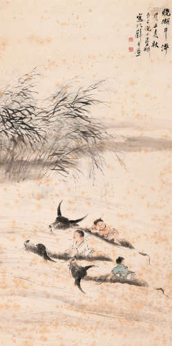 倪田（1855～1919） 牧牛图 立轴 设色纸本
