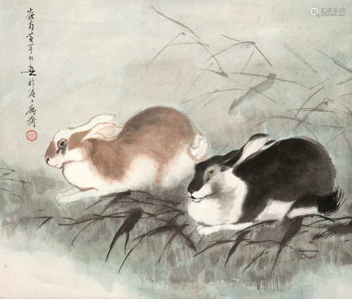 黄幻吾（1906～1985） 双兔 镜片 设色纸本