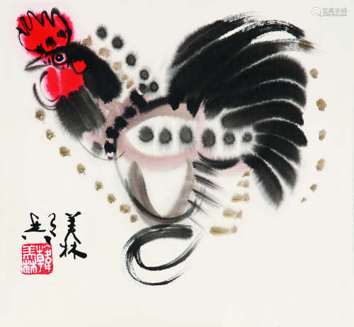 韩美林（1936～） 鸡 镜片 设色纸本