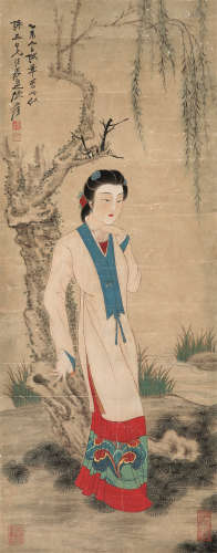 张大千（1899～1983） 柳下仕女 镜片 设色纸本
