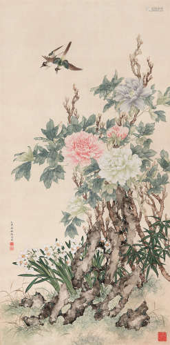屈兆麟（1866～1937） 玉堂富贵 立轴 设色绢本