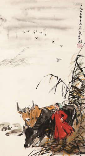 黄胄（1925～1997） 牧牛图 立轴 设色纸本