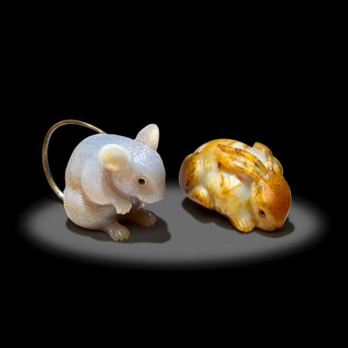 Two Agate Carvings: Bunny and Mouse by Andreas von Zadora-Gerlof