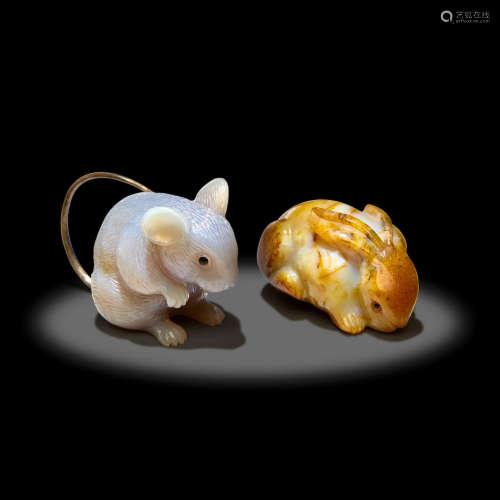 Two Agate Carvings: Bunny and Mouse by Andreas von Zadora-Gerlof
