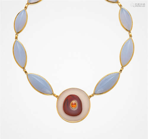 Blue Chalcedony, Mandarin Garnet, Agate and Gold Necklace
