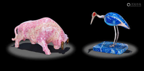 Large Rhodochrosite Carving of a Bull and a Lapis Carving of a Bird