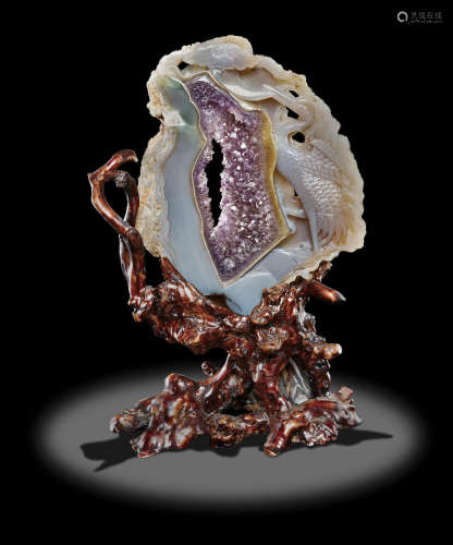 Carved Agate Geode Depicting a Crane on Rootwood Base
