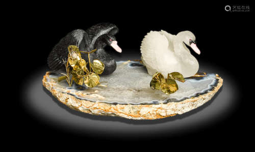 Two Carved Swans upon an Agate Base by Luis Alberto Quispe Aparicio