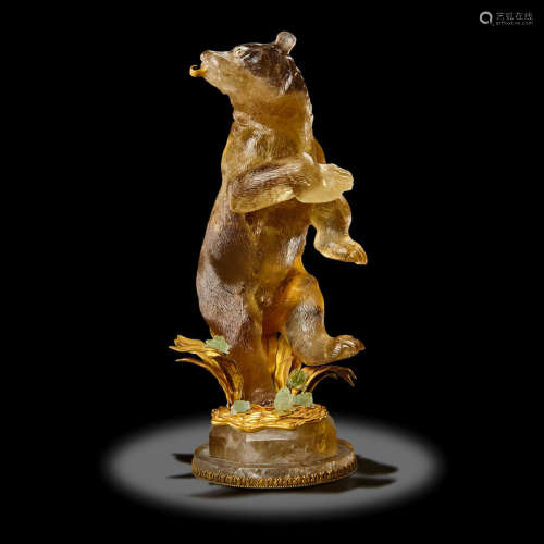 Citrine Carving Depicting a Bear with Aquamarine Frogs by Andreas von Zadora-Gerlof