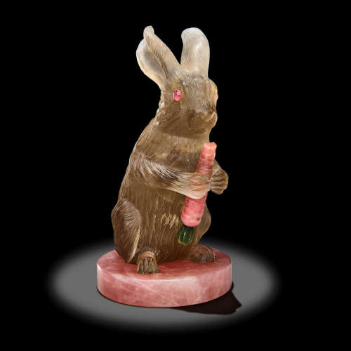 Smoky Quartz Carving of a Rabbit with Carrot on Rose Quartz Base by Andreas von Zadora-Gerlof