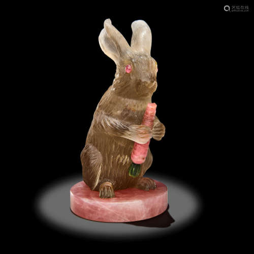 Smoky Quartz Carving of a Rabbit with Carrot on Rose Quartz Base by Andreas von Zadora-Gerlof