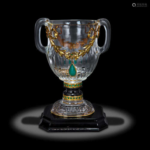 Carved Rock Crystal Quartz Chalice with Emerald and Gold by Manfred Wild