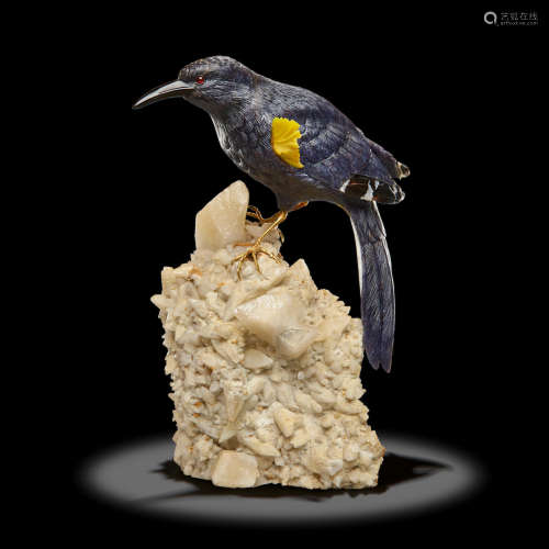 Multi-gemstone Carved Bird on Calcite Base by Erwin Klein