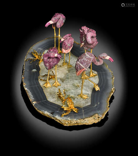 Carved Ruby Flamingos on an Agate Slab by Luis Alberto Quispe Aparicio