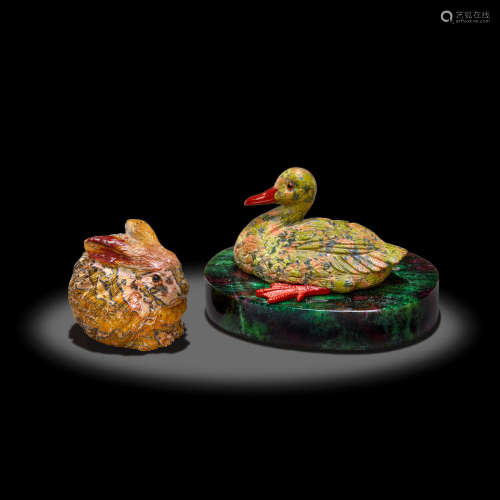 Two Spotted Jasper Carvings: Bunny and Duck by Andreas von Zadora-Gerlof
