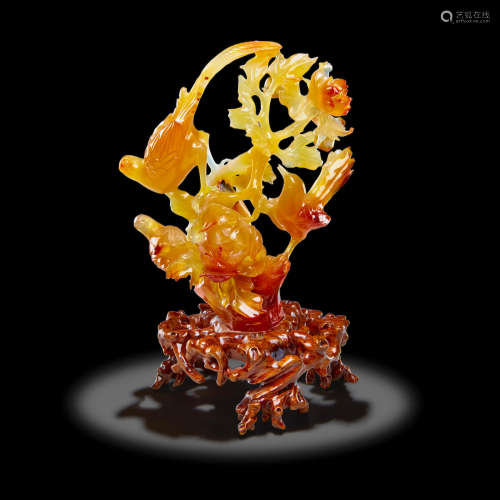 Carnelian Agate Carving of a Crane on Wooden Stand