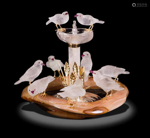 Rock Crystal Quartz Sparrows on Jasper Fountain by Luis Alberto Quispe Aparicio