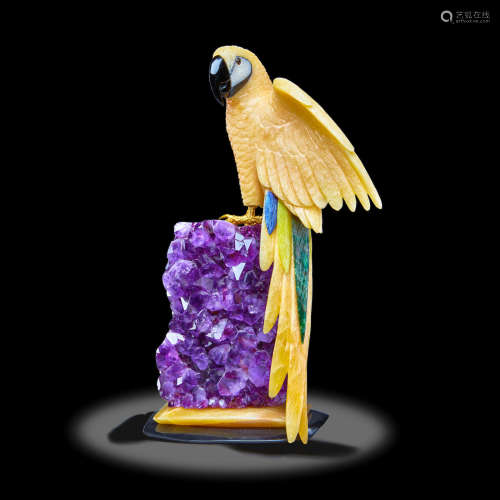 Yellow Calcite Bird on Amethyst Base