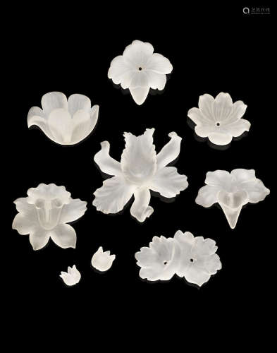 Nine Rock Crystal Carvings Depicting Flowers