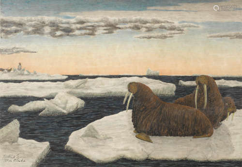 A James Kivetoruk Moses artwork, huddle of walrus and hunter