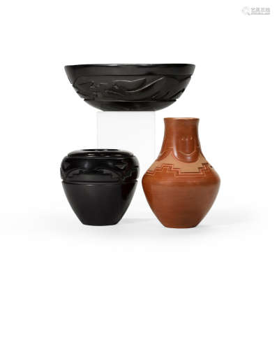 Three Santa Clara carved vessels