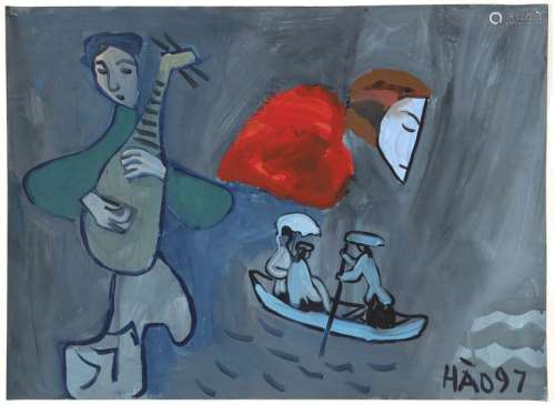Truong Dinh Hao (b.1937)Musicienne jouant du Pi...