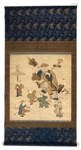 JAPON, XIXe siècleGrande tenture en soie brodée...