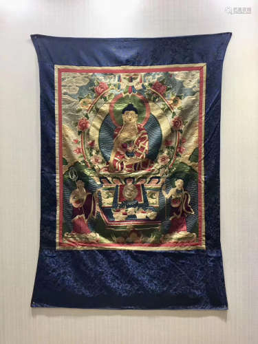 17-19TH CENTURY, A MEDICINE BUDDHA PATTERN EMBROIDERED CLOTH THANG-GA, QING DYNASTY