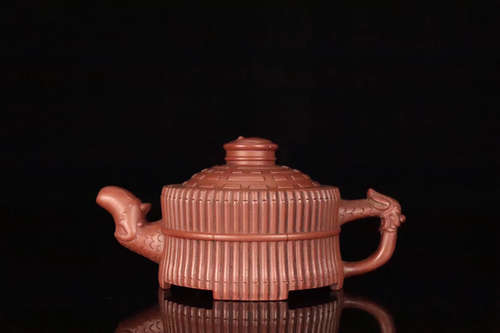 AN OLD YIXING BAMBOO DESIGN PURPLE CLAY TEAPOT