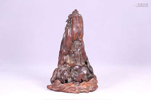 17-19TH CENTURY, A STORY DESIGN OLD YELLOW PEAR WOOD ROCKERY ORNAMANT WITH RED WOOD BASE, QING DYNASTY