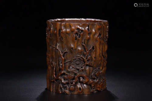 17-19TH CENTURY, A PLUM FLOWER CARVING BAMBOO BRUSH HOLDER, QING DYNASTY