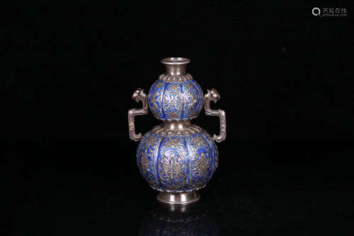 17-19TH CENTURY, A BAT&LINGZHI PATTERN GOURD SHAPE ENAMEL SILVER VASE, QING DYNASTY