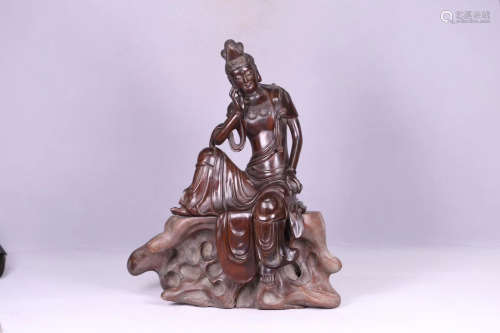 17-19TH CENTURY, A WATER-MOON GUANYIN DESIGN OLD ROSEWOOD STATUE, QING DYNASTY