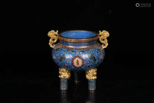 17-19TH CENTURY, A PALACE LOTUS PATTERN CLOISONNE DOUBLE-EAR THREE-FOOT CENSER, QING DYNASTY