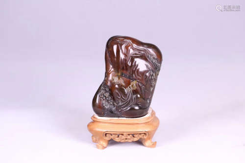 17-19TH CENTURY, A FIGURE PATTERN OLD AMBER ROCKERY ORNAMANT WITH BASE, QING DYNASTY