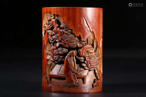 19TH CENTURY, A STORY DESIGN OLD BAMBOO BRUSH HOLDER, LATE QING DYNASTY