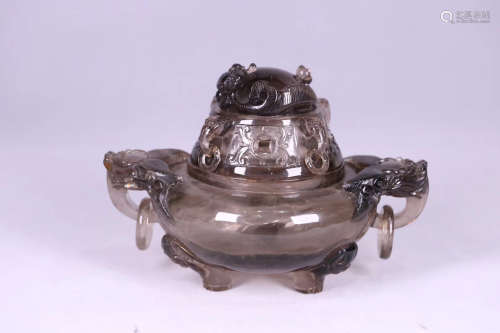 19TH CENTURY, A NATURAL SMOKYQUARTZ DOUBLE-EAR CENSER. LATE QING DYNASTY