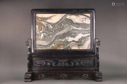 19TH CENTURY, A MARBLE SCREEN WITH RED SANDALWOOD, LATE QING DYNASTY
