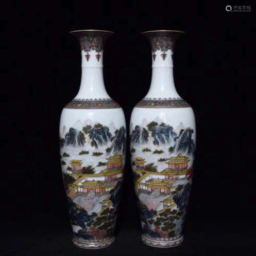 A PAIR OF LANDSCAPE PATTERN FAMILLE VASES