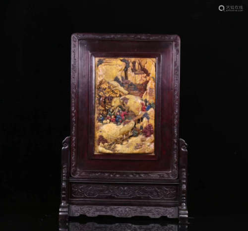 17-19TH CENTURY, A STORY DESIGN OLD SHOUSHAN STONE SCREEN WITH ROSEWOOD BASE, QING DYNASTY