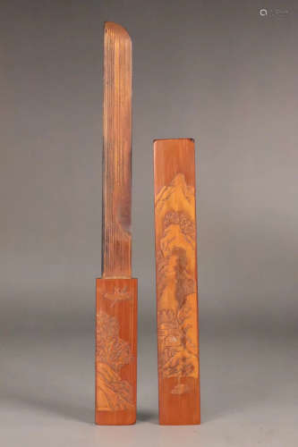 17-19TH CENTURY, A LANDSCAPE PATTERN OLD BAMBOO PAPER CUTTER, QING DYNASTY