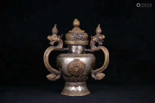 18TH CENTURY, A TIBETAN THREE-EAR SILVER POT