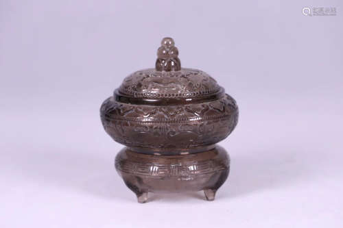 19TH CENTURY, A NATURAL SMOKYQUARTZ THREE-FOOT CENSER. LATE QING DYNASTY