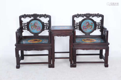 17-19TH CENTURY, A PAIR OF CLOISONNE ROSEWOOD CHAIR WITH LION PATTERN, QING DYNASTY