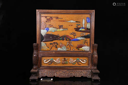 17-19TH CENTURY, A LANDSCAPE PATTERN YELLOW LACQUER SCREEN WITH OLD ROSEWOOD FRAME, QING DYNASTY