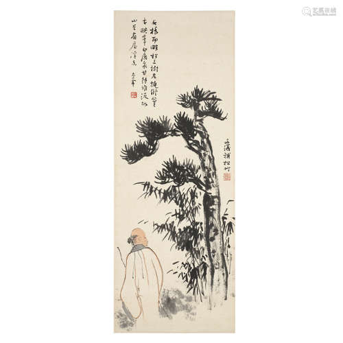 劉太西(1898-1989) / 劉延濤(1908-2001) 松下高仕圖 設色紙本 立軸